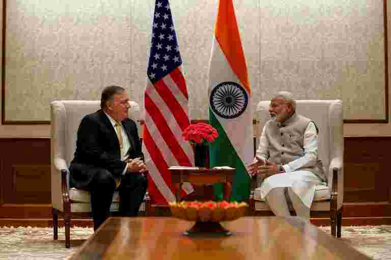 美國國務卿Mike Pompeo符合PM Narendra Modi關于貿易，防守